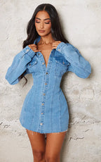 Bleu Robe Mini Ajustée En Denim À Manches Longues Petite Taille