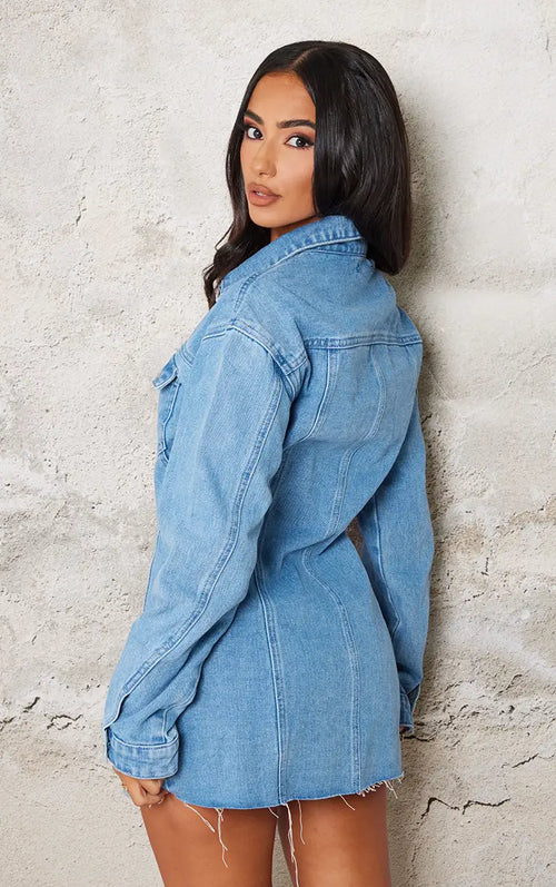Bleu Robe Mini Ajustée En Denim À Manches Longues Petite Taille
