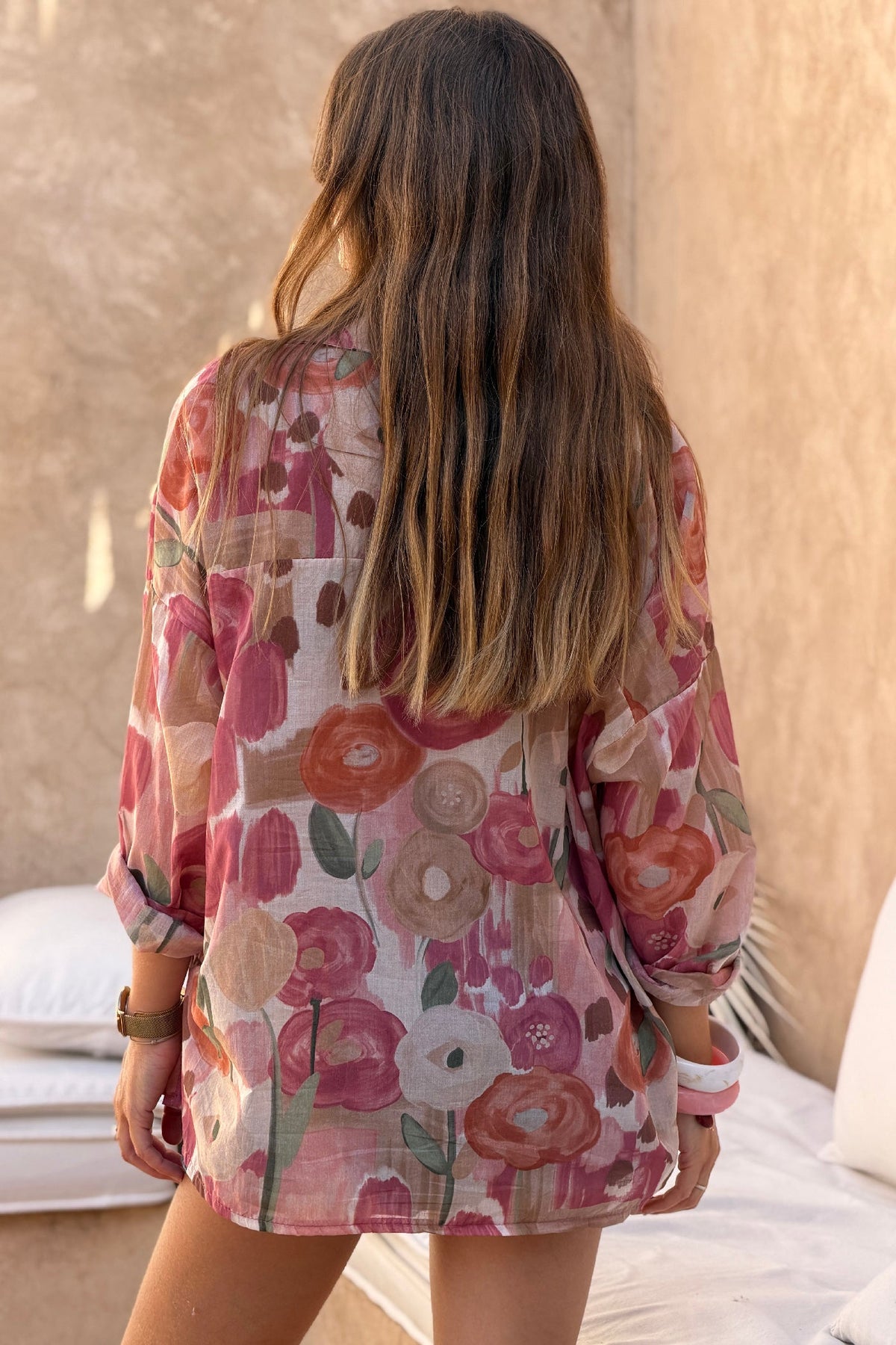 Chemise voile de coton imprime fleurs peinture aquarelle tons roses