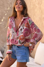 Chemise voile de coton imprime fleurs peinture aquarelle tons roses