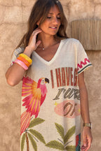 Robe longue et large brillante imprime perroquets palmiers et fleurs colorées